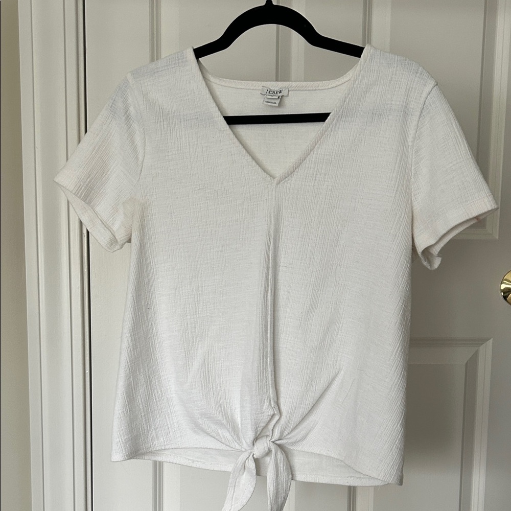 J.Crew White Tie-Hem V-Neck Short Sleeve Top - Lightweight Women's Tee